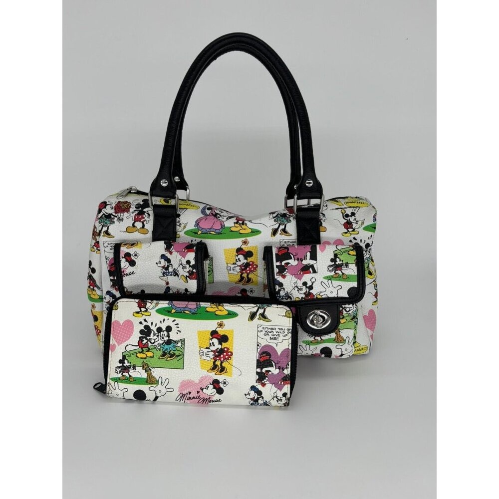 DisneyParks Mickey Minnie Mouse Cartoon Handbag Purse White Black Pockets Wallet